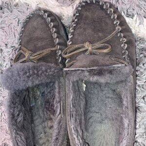 Used Cozy Gray LL BEAN Moccasin Worn Slippers